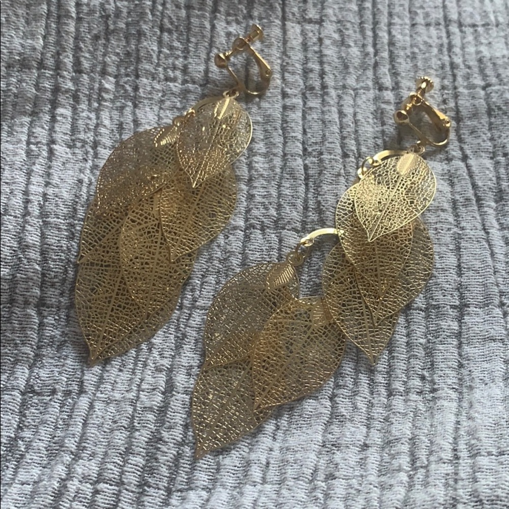 Gold Leaf Dangly Earrings (clip-on)